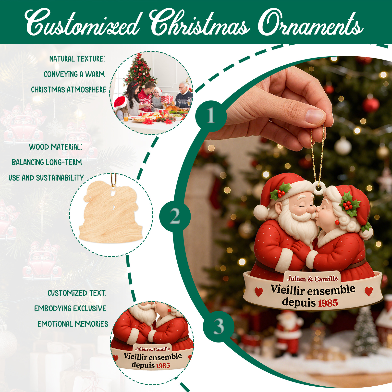 Custom Santa & Mrs. Claus Kissing Wood Ornament