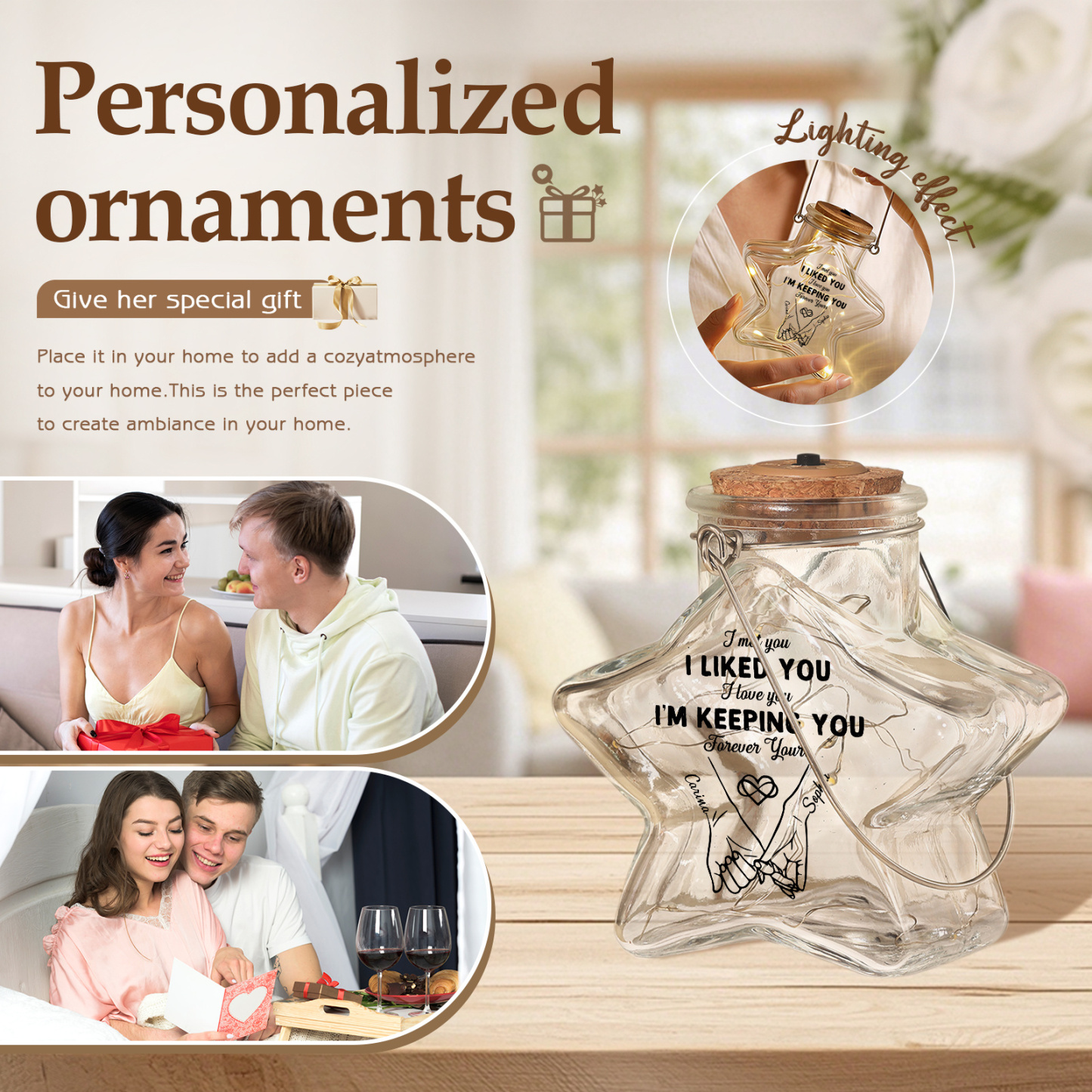 Personalized Couple Star Glass LED Fairy Light Love Jar Night Lamp