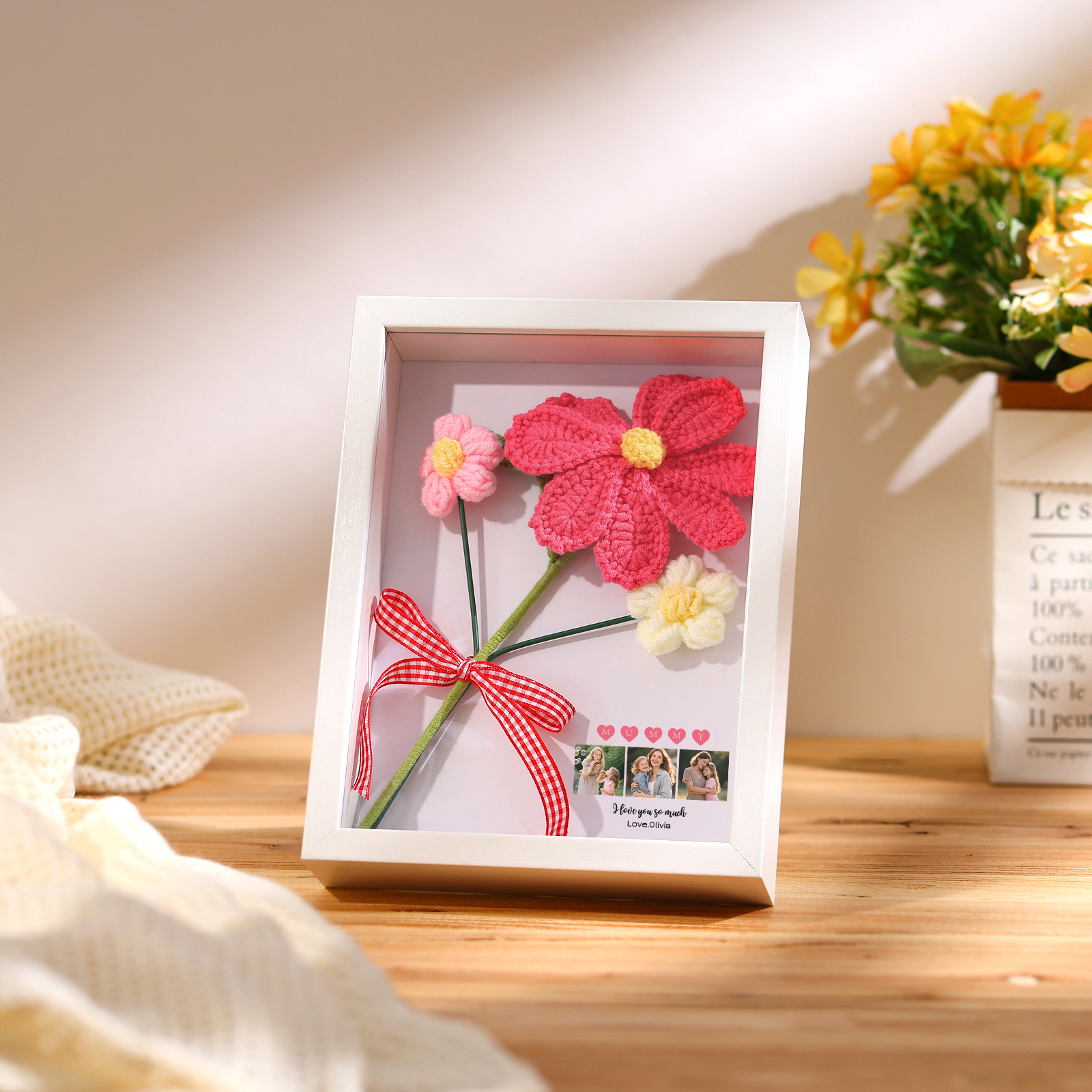 Personalized 3D Peony Crochet Flower Shadow Box Frame