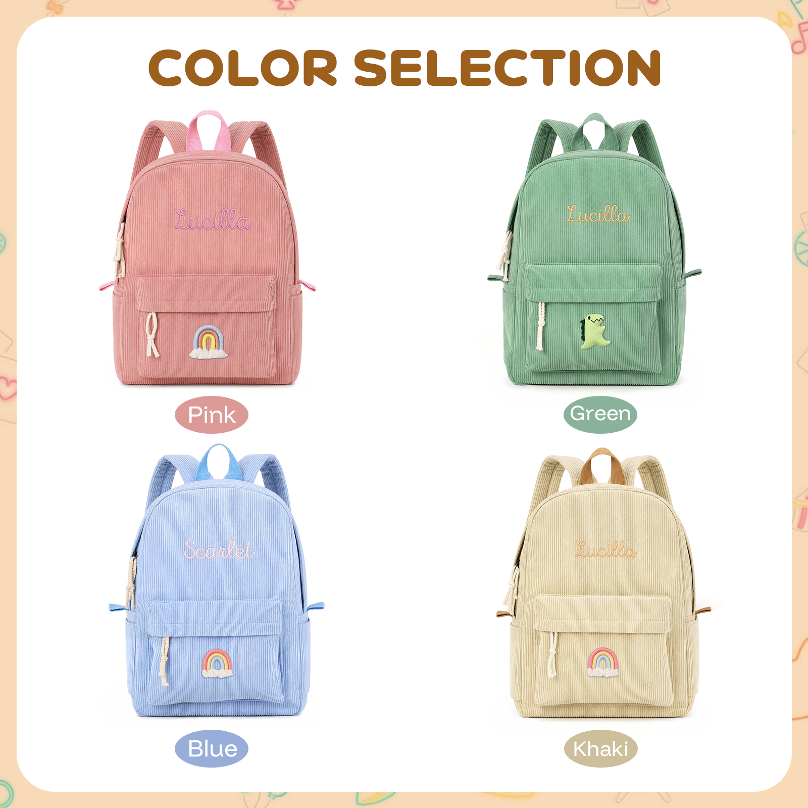 Personalized Corduroy Kids Backpack with Embroidered Name and Cute Patch School Bag for Children