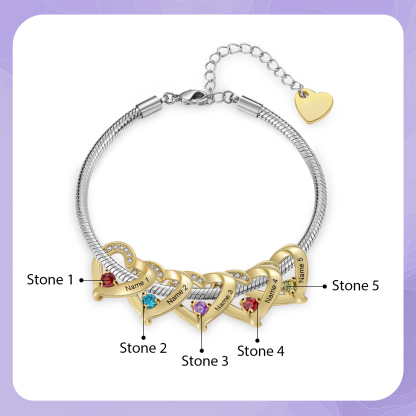 Personalized Heart Birthstone Bracelet Custom 1-5 Names and Stones Gift for Mum Wife Friend Grandma | Lorajewel