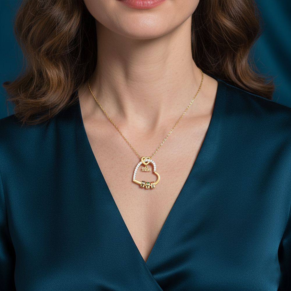 Personalized Heart Mom Necklace Custom 1-5 Names and Birthstones Gift for Mother