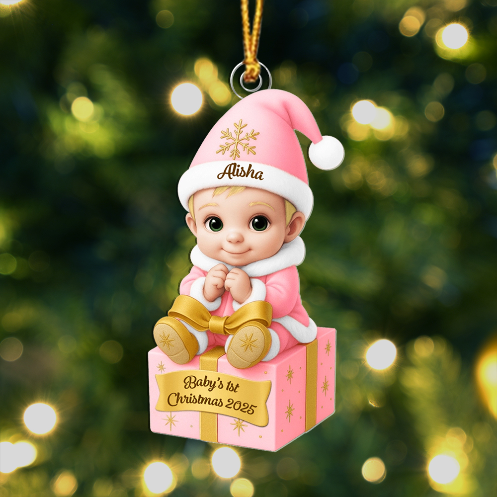 Personalized Baby 1st Christmas Pink Santa Ornament