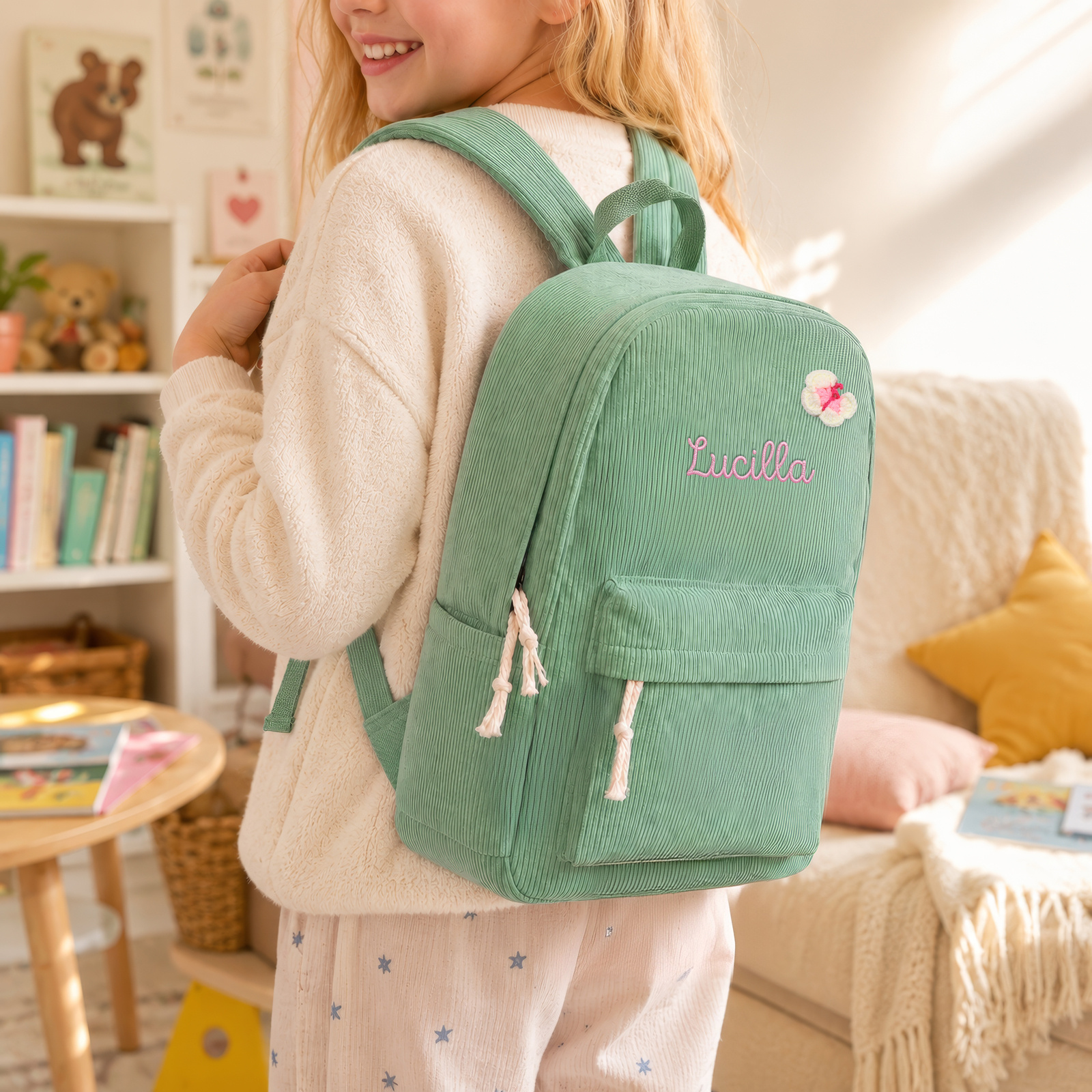Personalized Corduroy Children's Backpack with Bow Patch, School Bag with Embroidered Name