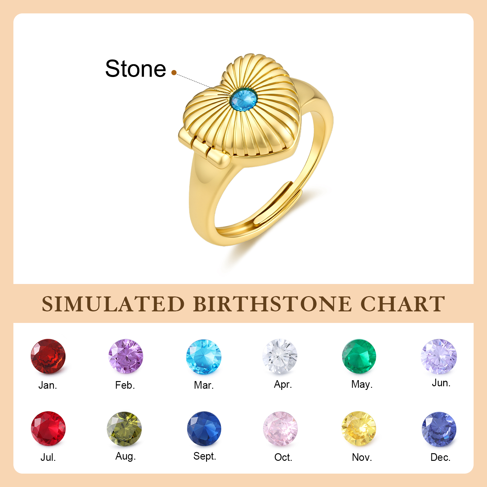 Personalized Adjustable Heart Birthstone Photo Locket Ring for Women