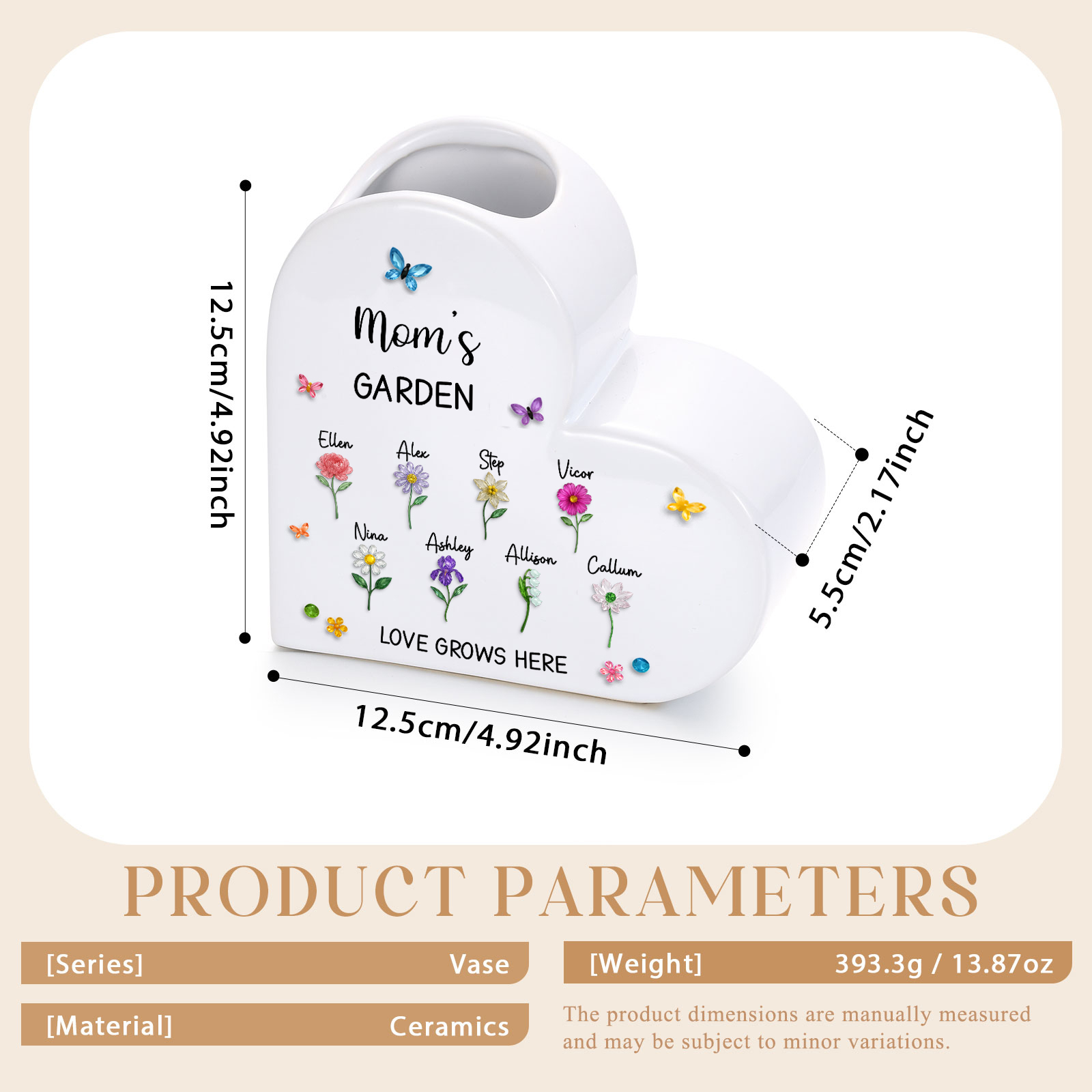 Personalized Ceramic Heart Vase with 1 to 10 Names and Birth Flowers for Mom/Grandma