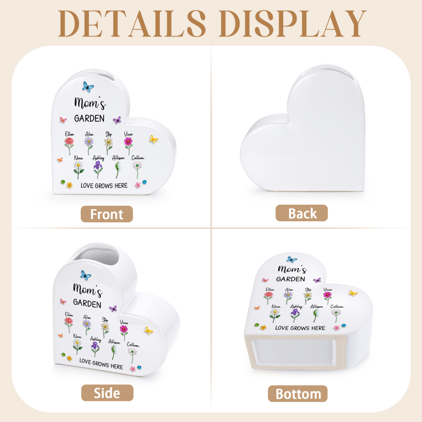 Personalized Ceramic Heart Vase with 1 to 10 Names and Birth Flowers for Mom/Grandma