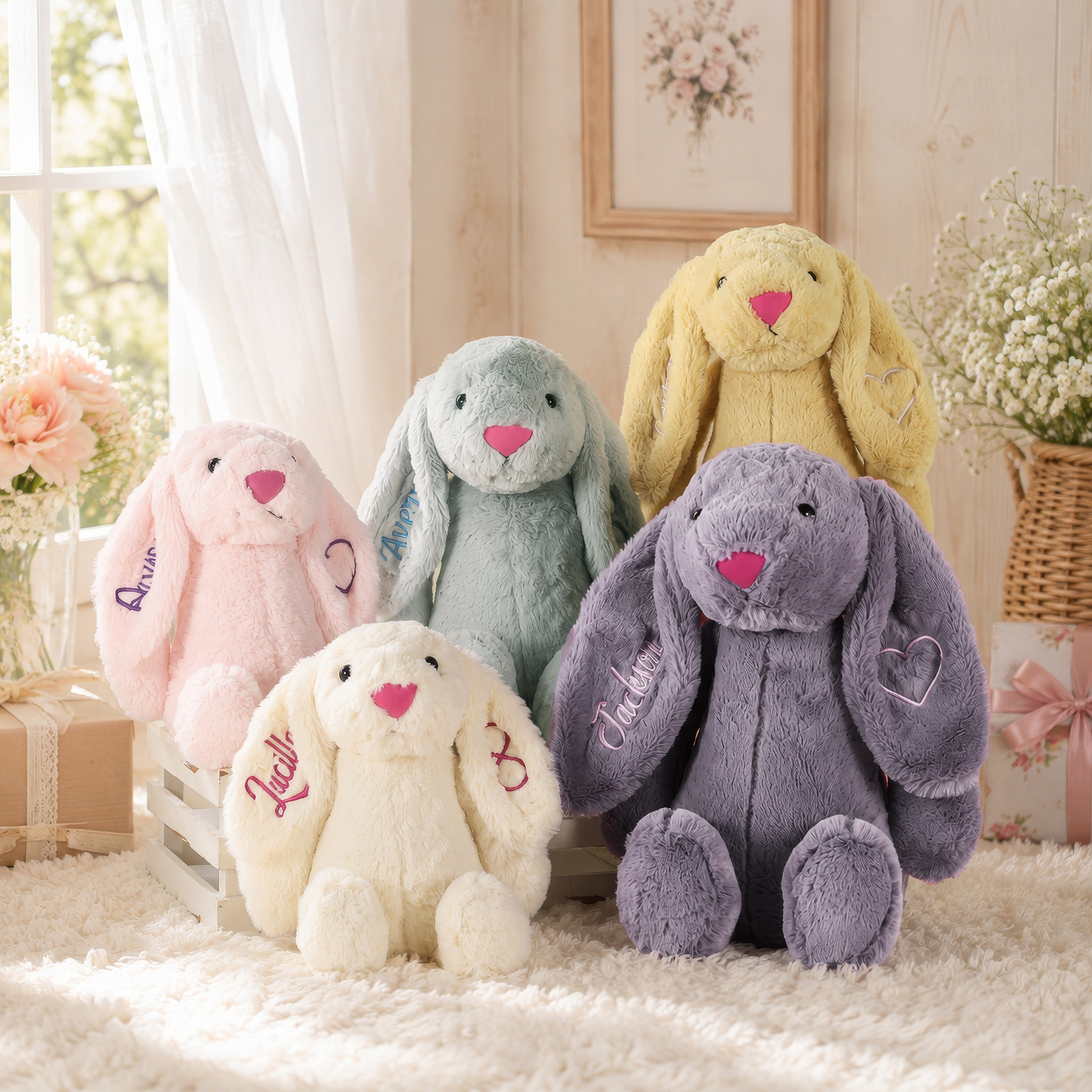 Personalized Plush Bunny with Embroidered Name and Custom Design, Gift for Children and Grandchildren