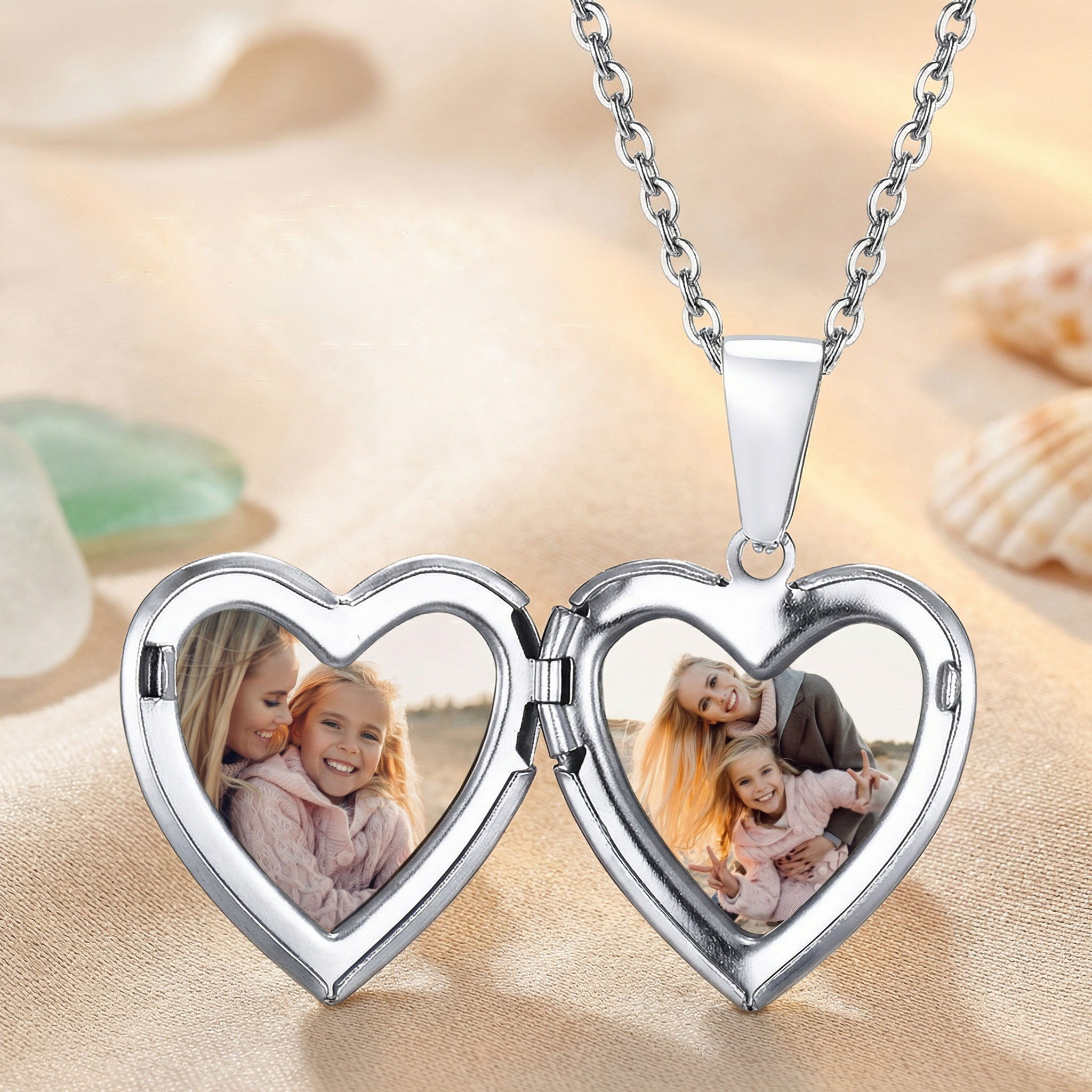 Personalized Heart Shaped Locket Necklace for Women Custom with 2 Photos and 1 Text