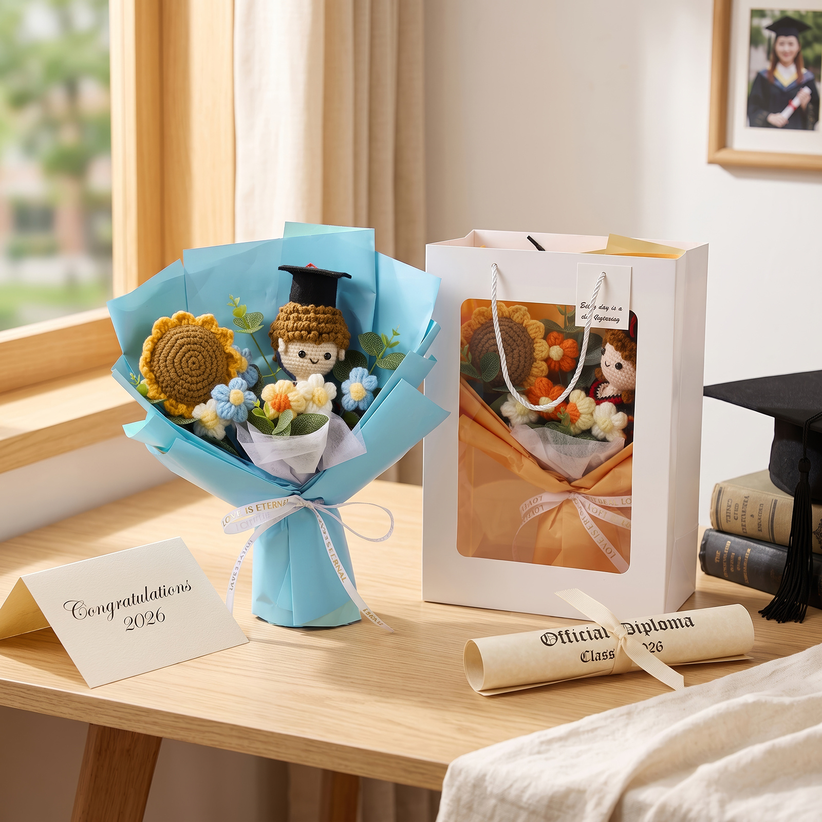 Personalized Hand-Crocheted Graduation Flower Bouquet Gift Box