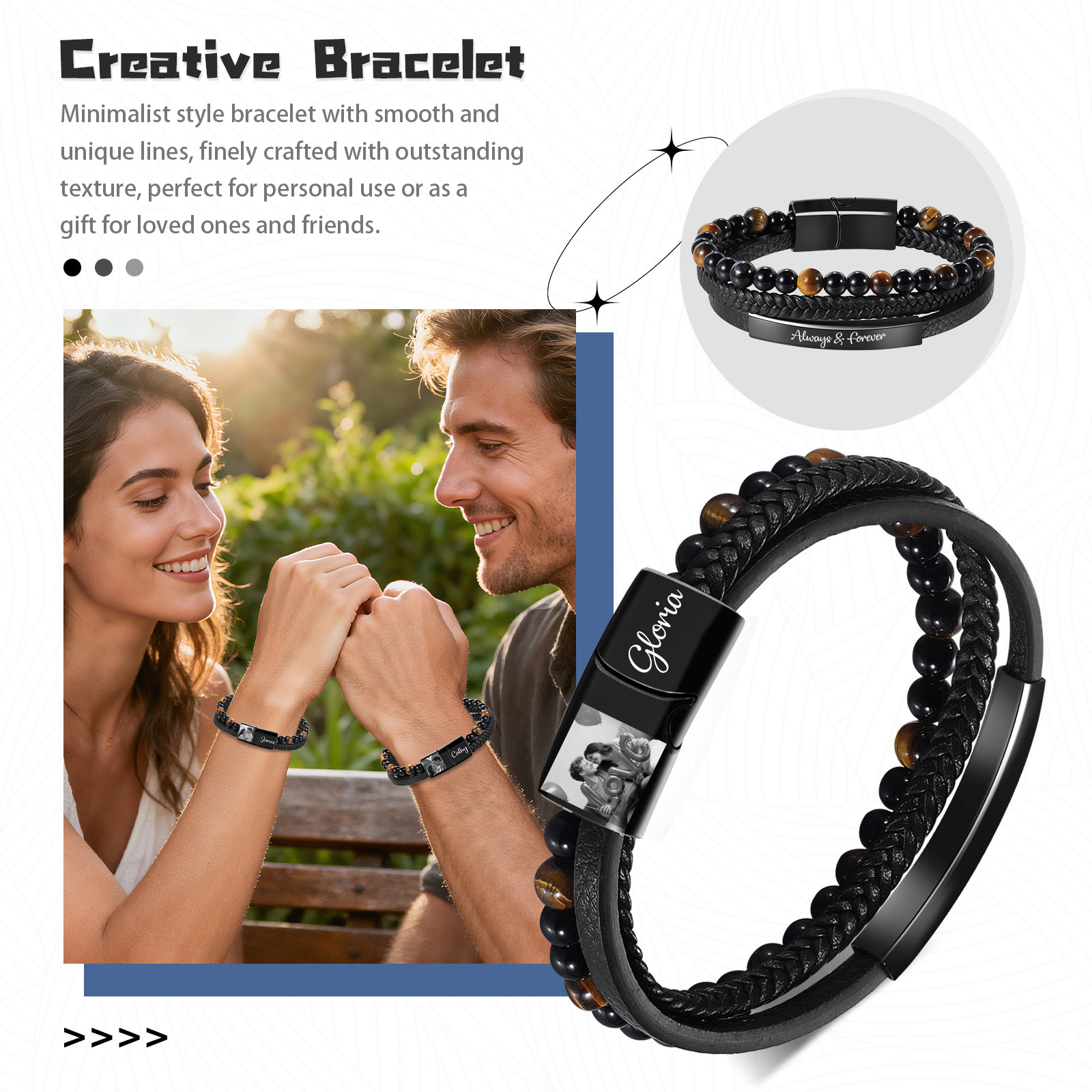 Personalized Photo Name Tiger Eye Leather Bracelet