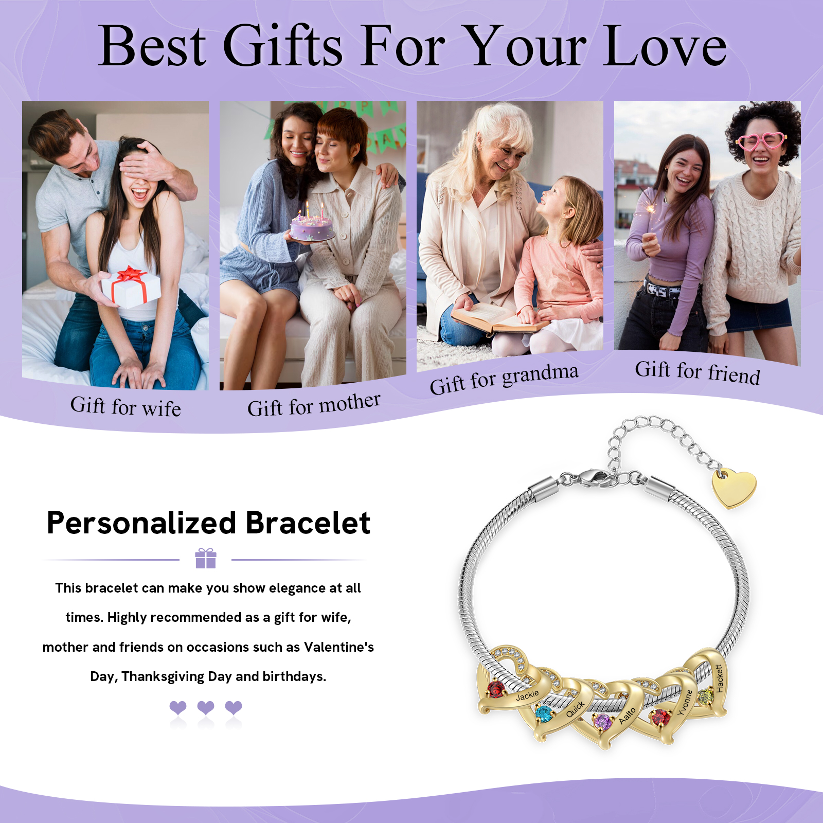 Personalized Heart Birthstone Bracelet Custom 1-5 Names and Stones Gift for Mum Wife Friend Grandma | Lorajewel