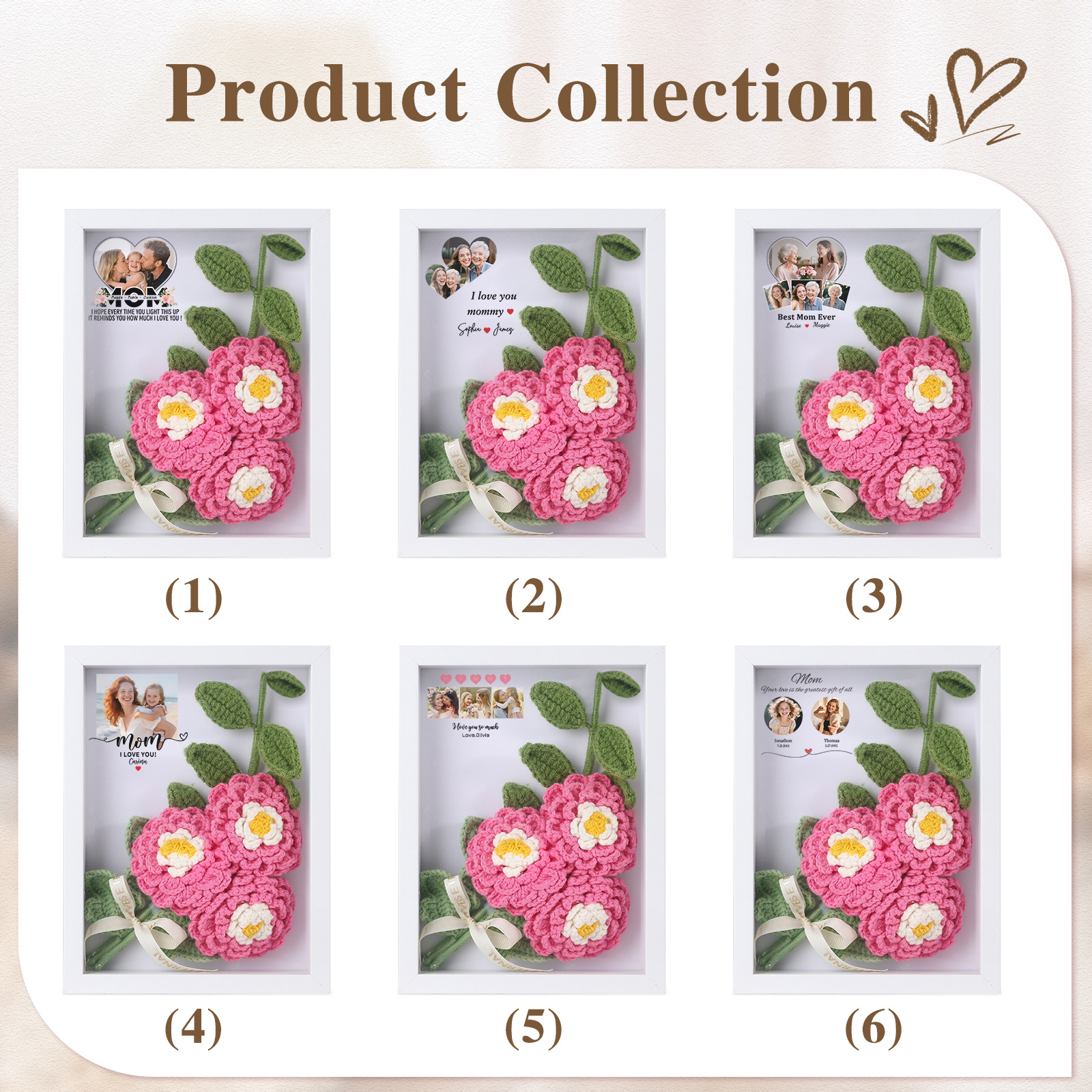 Personalized 3D Peony Crochet Flower Shadow Box Frame