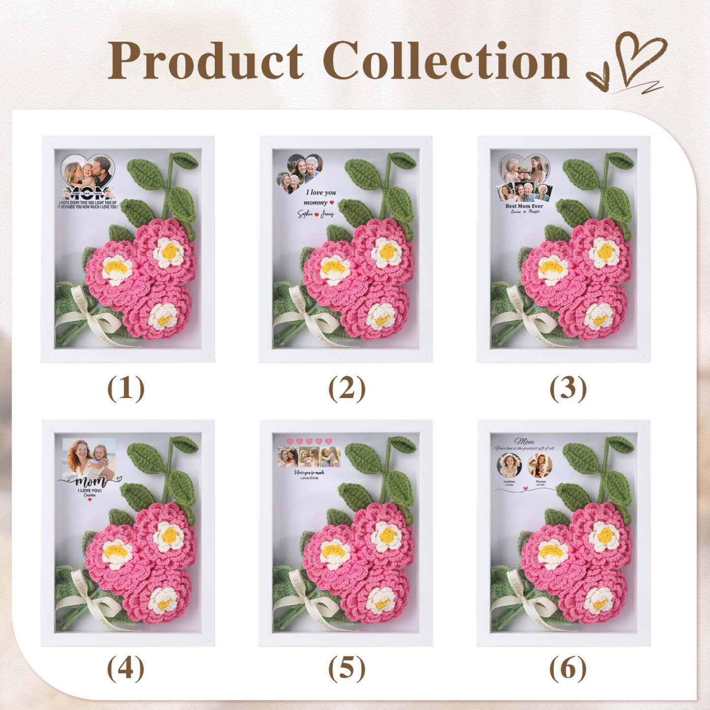 Personalized 3D Peony Crochet Flower Shadow Box Frame