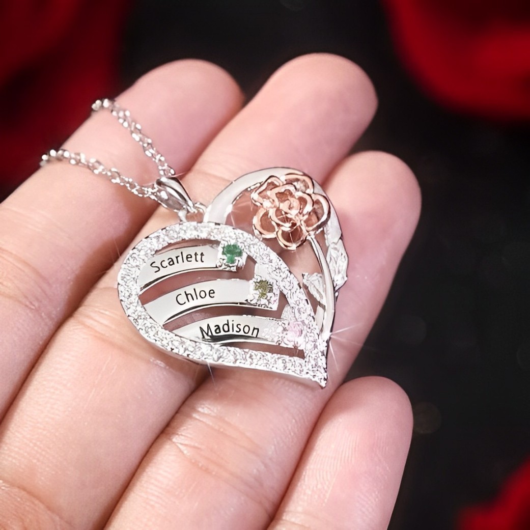 Personalized Heart & Flower Birthstone Necklace Custom 3 Family Names Mother Necklace Christmas Gift
