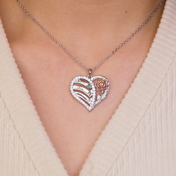 Personalized Heart & Flower Birthstone Necklace Custom 3 Family Names Mother Necklace Christmas Gift