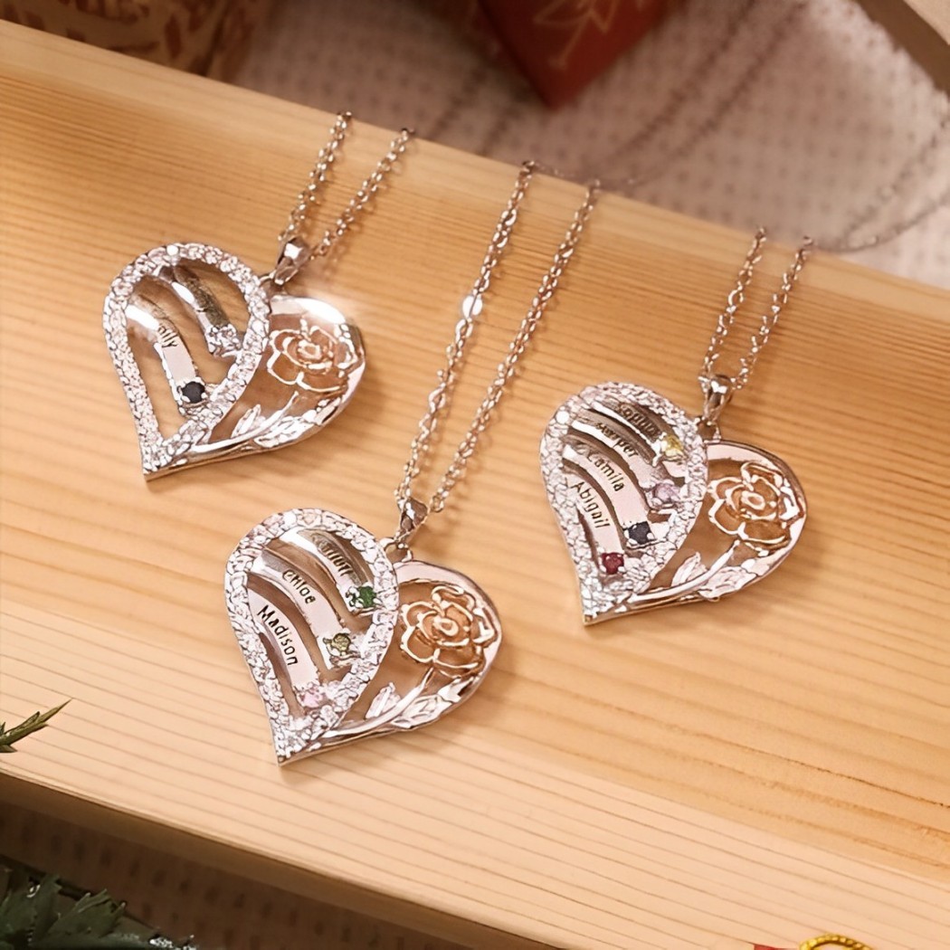 Personalized Heart & Flower Birthstone Necklace Custom 3 Family Names Mother Necklace Christmas Gift