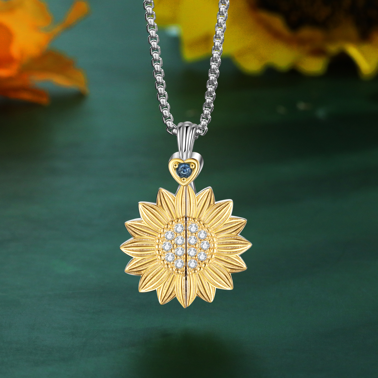 Personalized Gold Sunflower CZ Locket Necklace