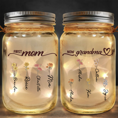 Personalized Solar Mason Jar Lantern Custom Name Birth Flowers Mothers Day Birthday Christmas Gift for Mom Grandma New Mom | Lorajewel