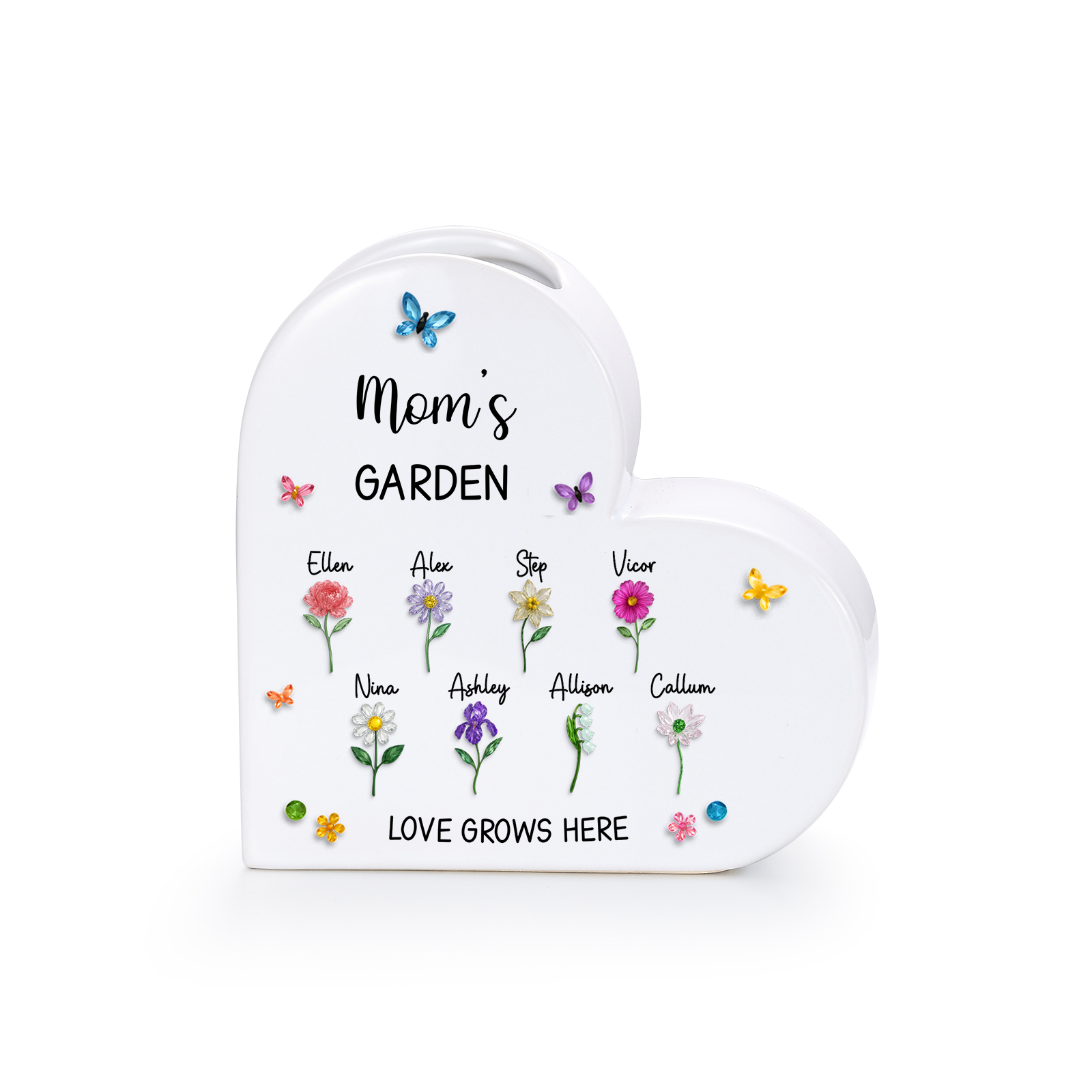 Personalized Ceramic Heart Vase with 1 to 10 Names and Birth Flowers for Mom/Grandma