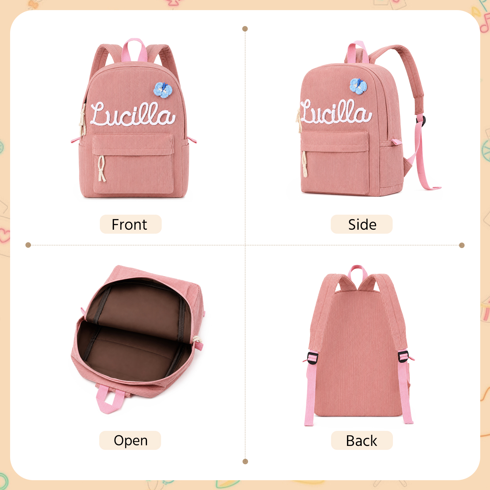 Personalized Corduroy Children’s Backpack School Bag with an Embroidered Name