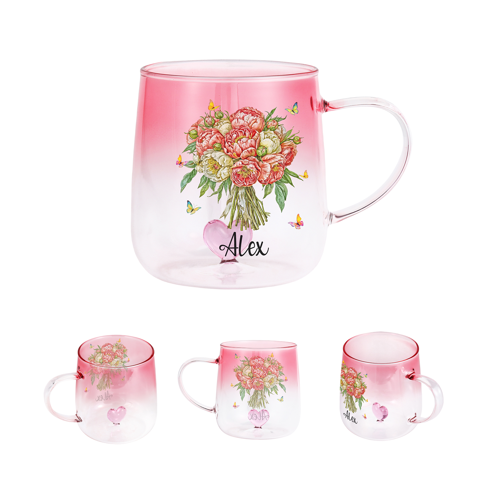 Custom Name Birth Flower Ombre Pink Glass Mug