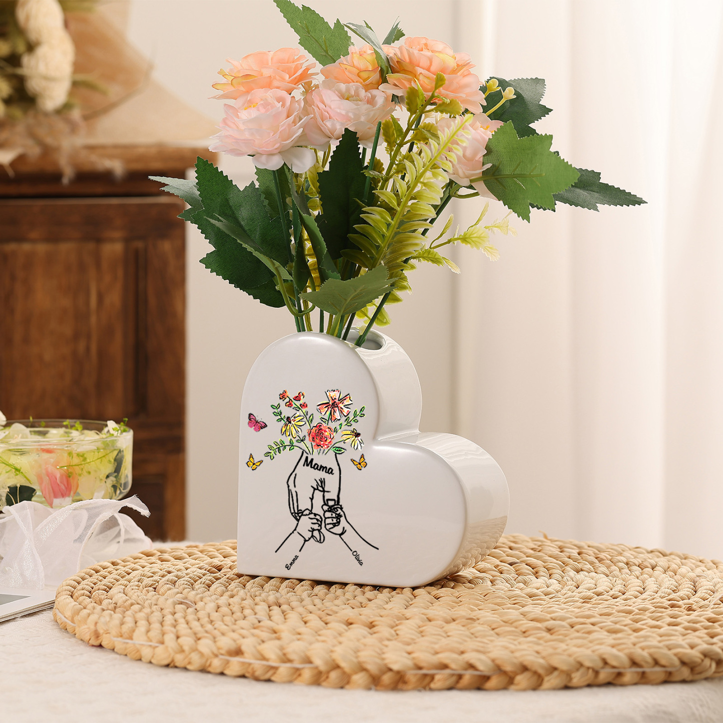 Personalized Ceramic Heart Vase with Text and 2 to 8 Names for Mom or Grandma