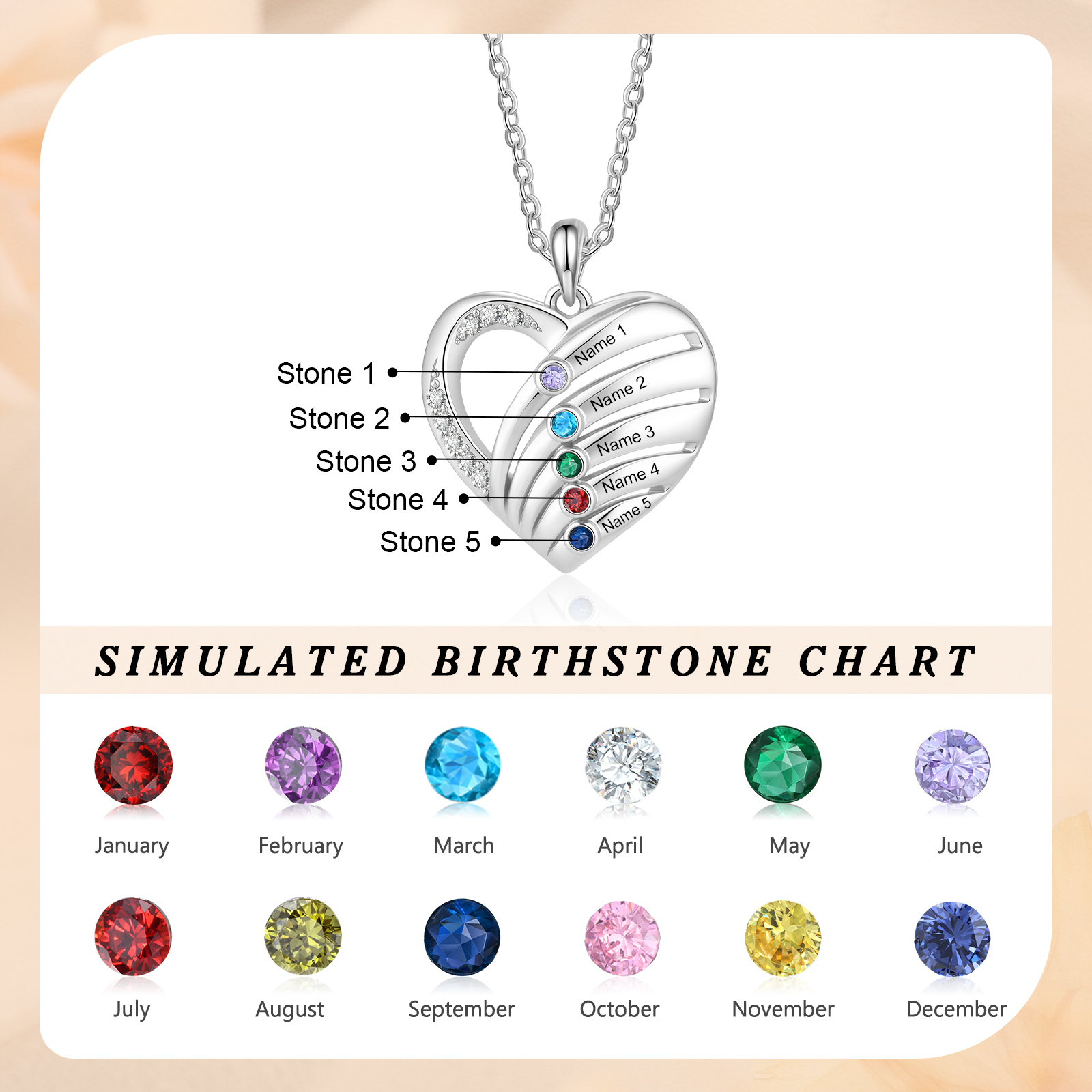 Personalized Heart Necklace with Birthstones, Customized with 3–5 Names and Stones
