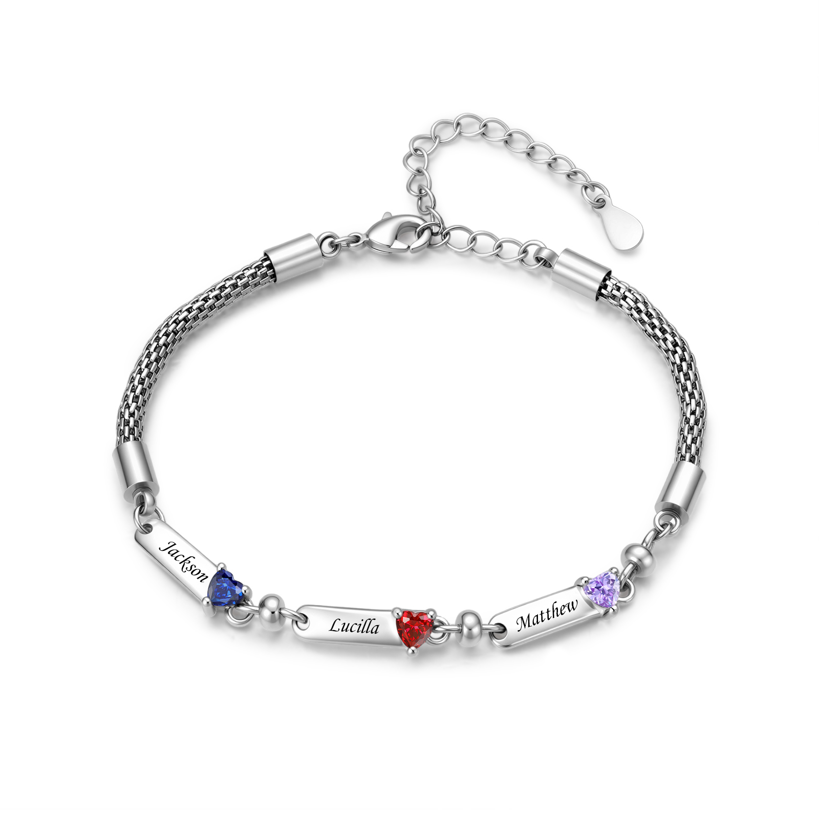 Personalized Braided Chain Bracelet with 1–5 Names and Heart Birthstones