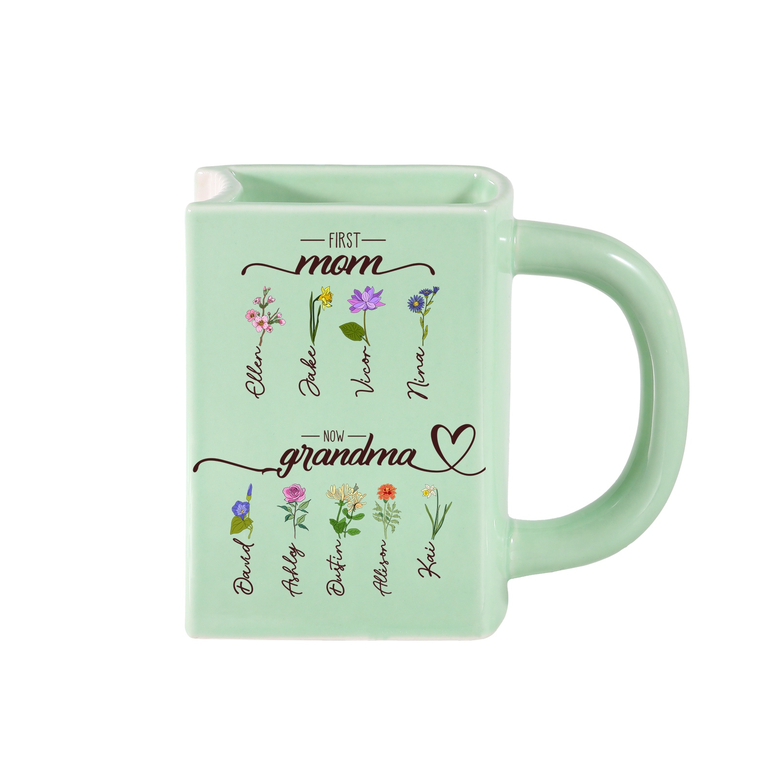 Personalised Book-Shaped Vase with 2 to 10 Names and Birth Flowers for Mum or Nanny