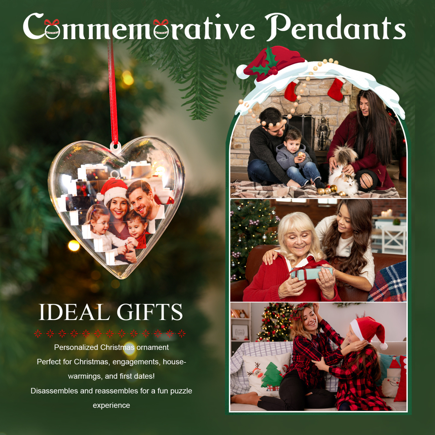 Personalized Photo Heart Christmas Blocks Bauble Ornament