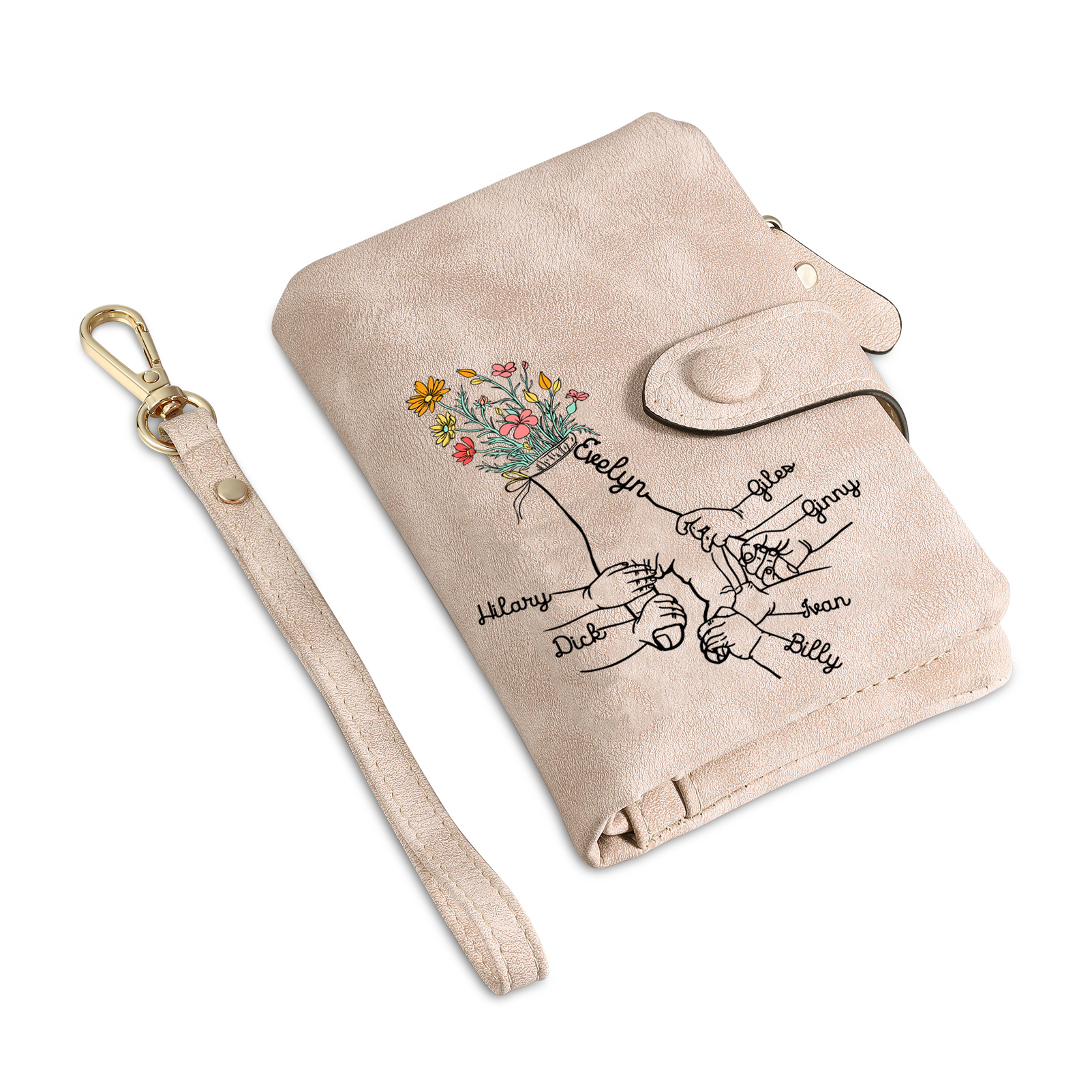 Custom Floral Line PU Wristlet Wallet with 2-7 Names