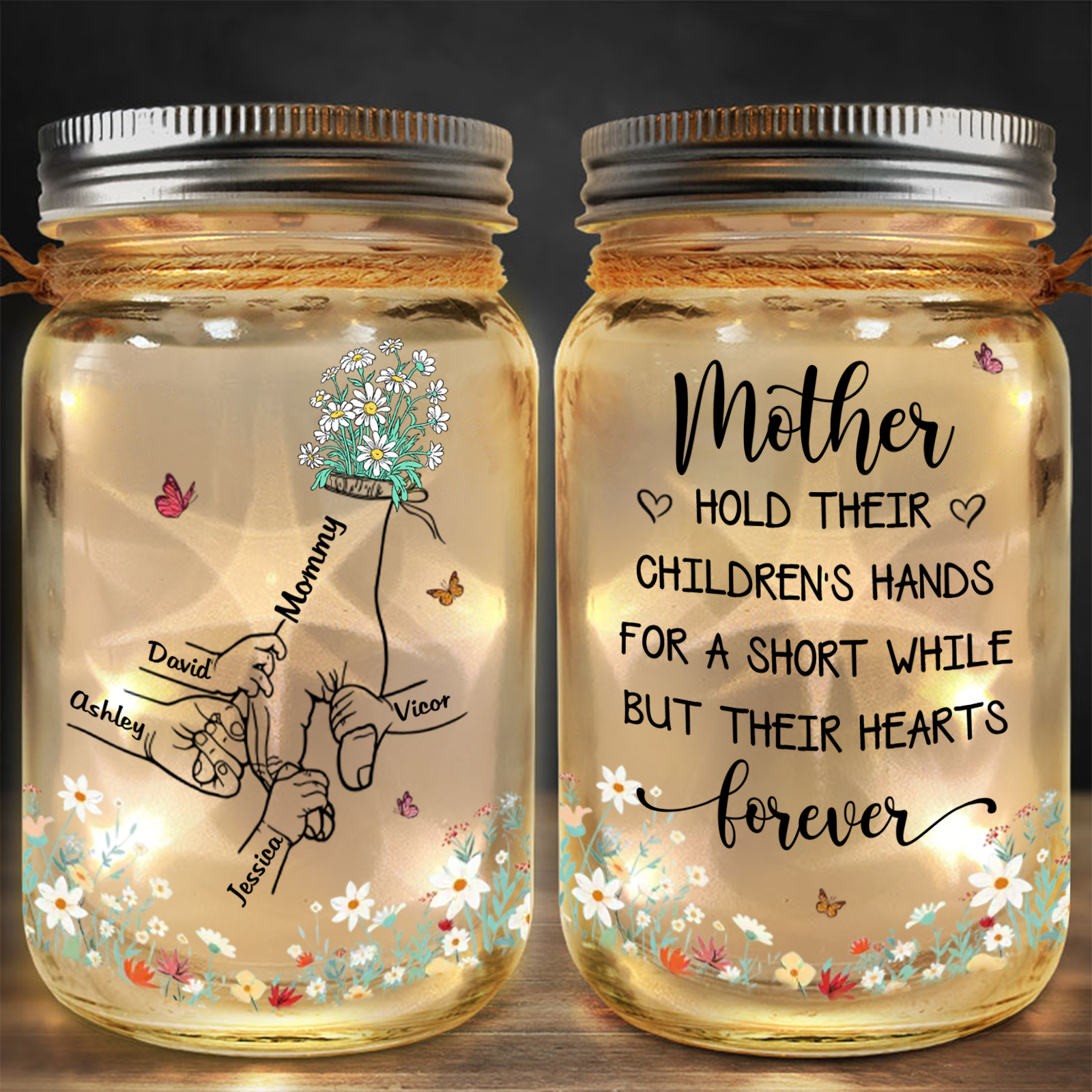 Personalized Flower Solar Mason Jar for Mom