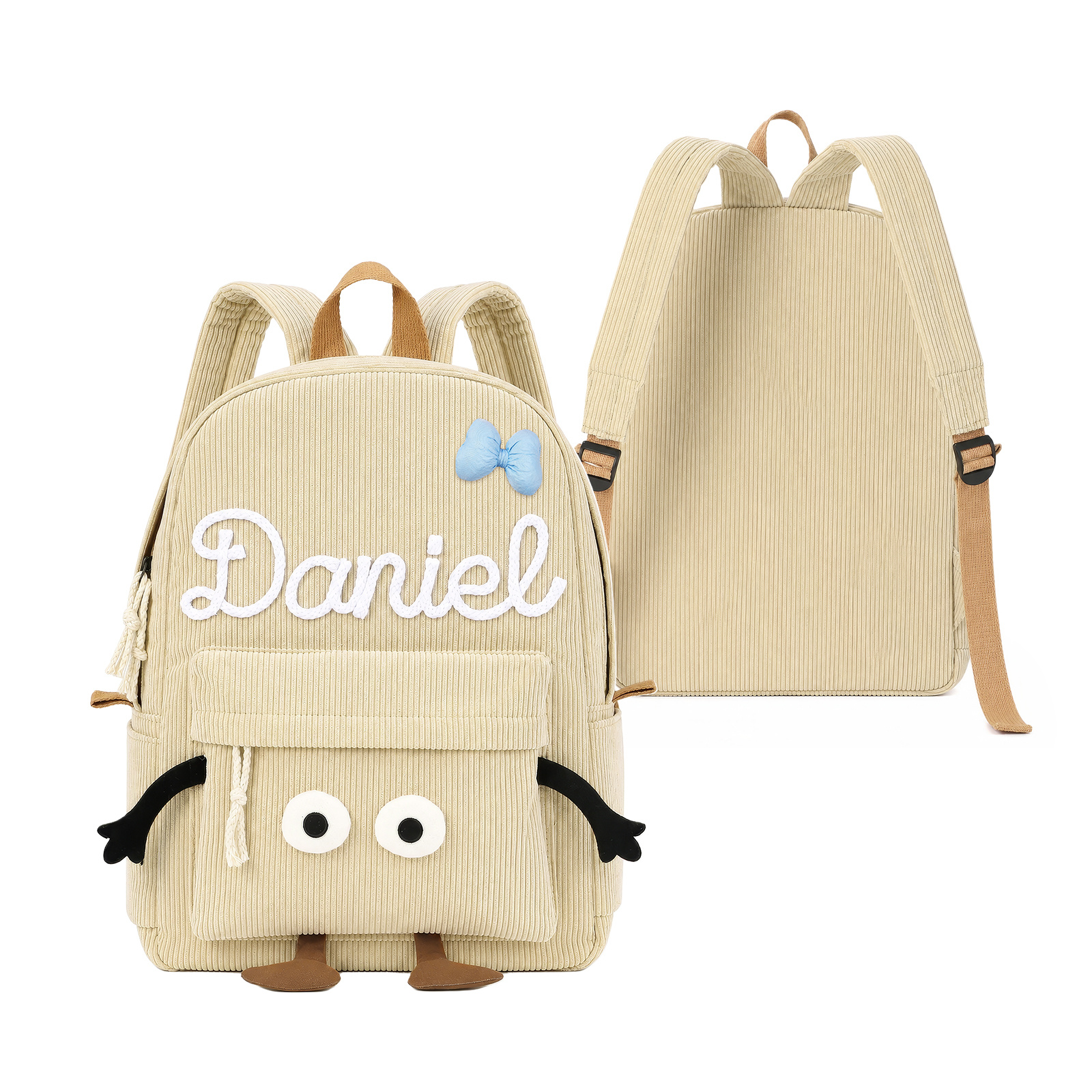 Personalized Corduroy Children's Backpack with Name, Cute Cartoon Face School Bag