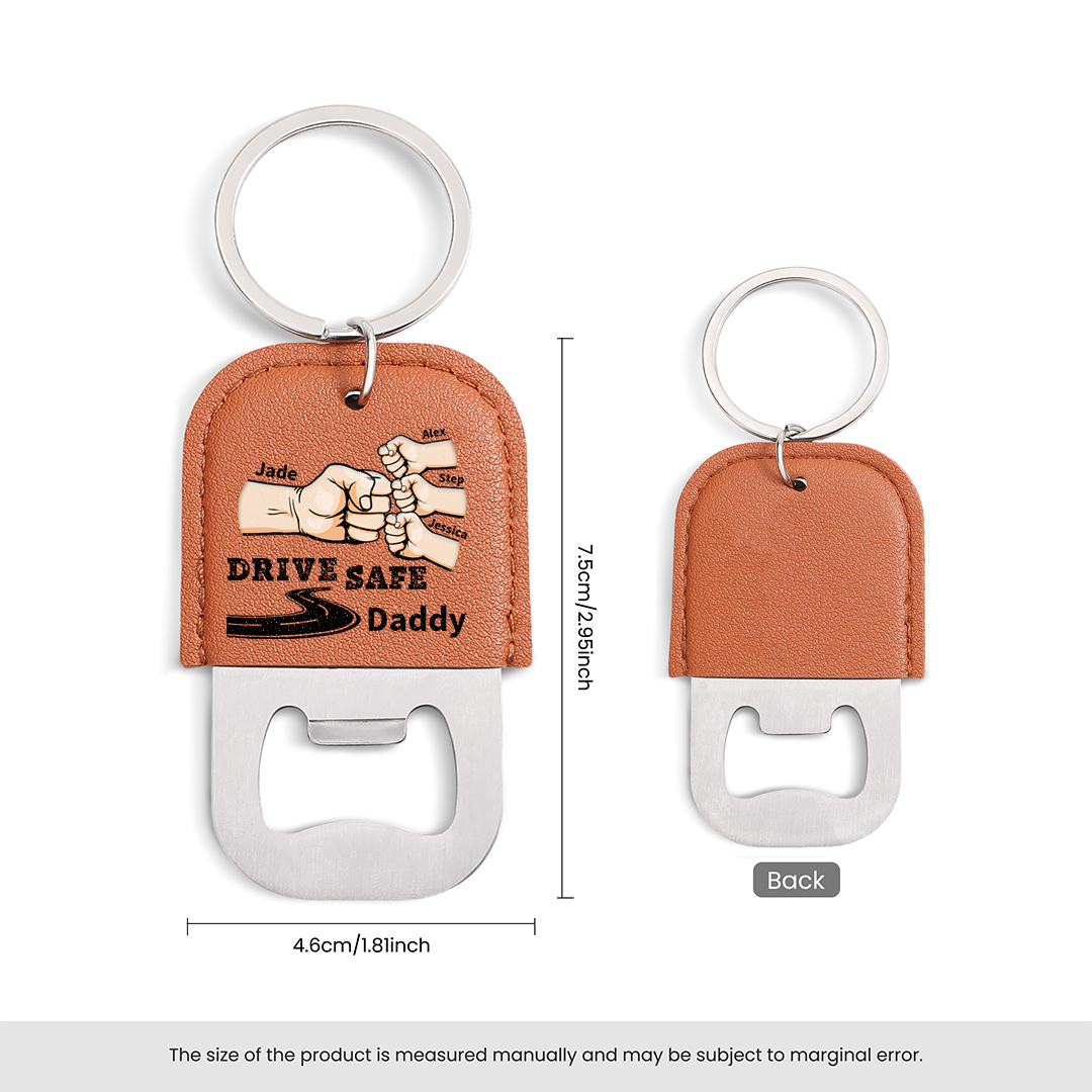 Personalized Leather Keyring with Bottle Opener for Dad, Drive Carefully