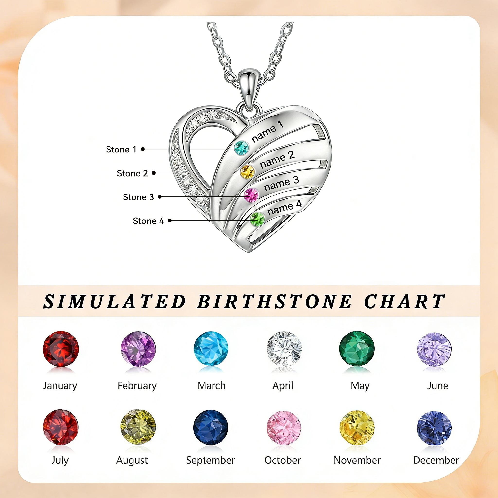 Personalized Heart Necklace with Birthstones, Customized with 3–5 Names and Stones