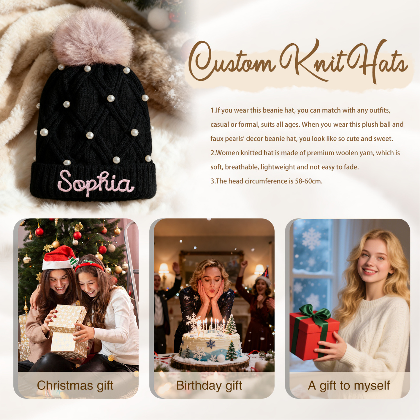 Personalized Name Embroidered Pearl Knit Beanie