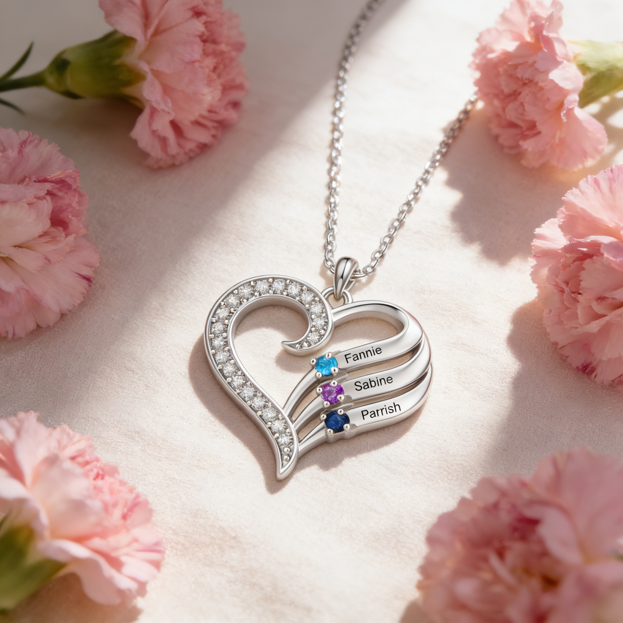 Personalized Heart Necklace with Birthstones, Customized with 2–4 Family Names