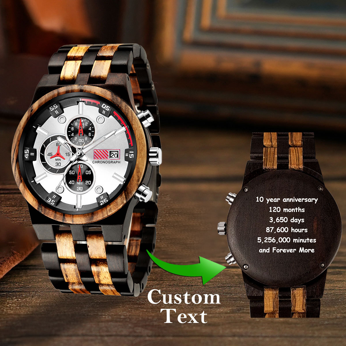 Enlexx Men's Engraved Wood Watch, Anniversary Gift for Him