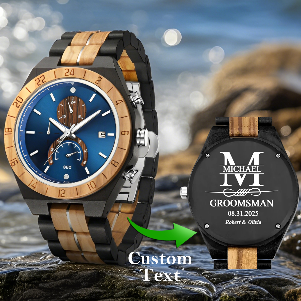 Enlexx Mens Personalized Engraved Wooden Watches for Groomsmen