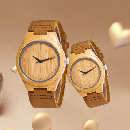 Enlexx Personalized Couple Bamboo & Leather Watches – His and Hers Engraved Watch Set Couple Gift, Matching Gift for Boyfriend, Girlfriend, Anniversary