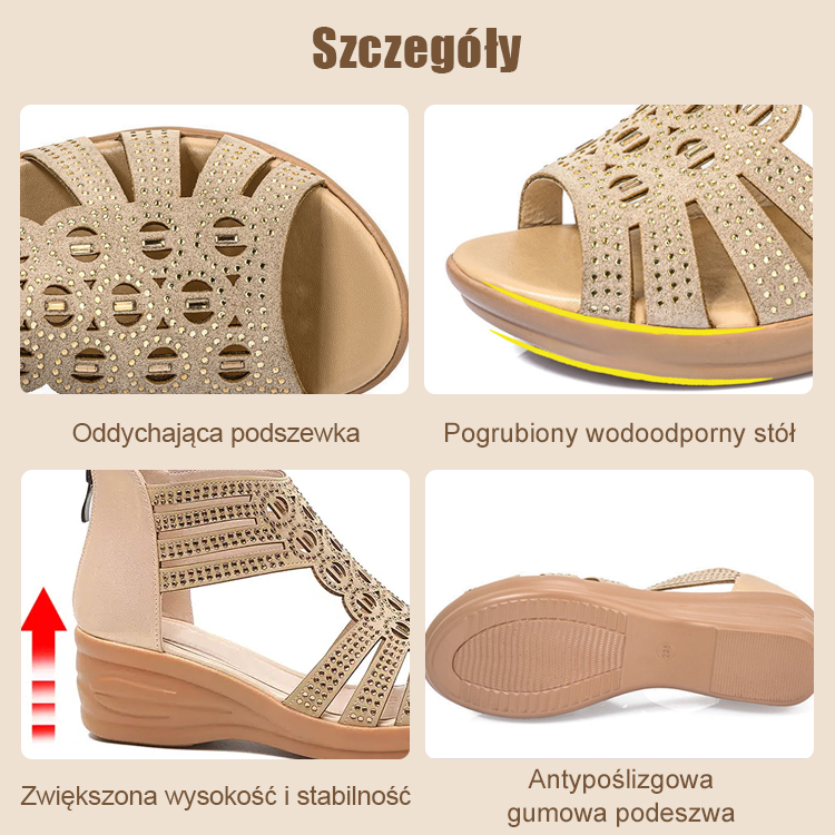 Damskie sandały rzymskie na skośnym obcasie, wysadzane diamentami