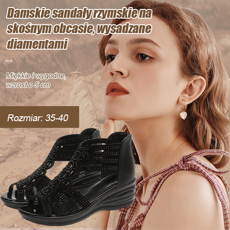 Damskie sandały rzymskie na skośnym obcasie, wysadzane diamentami