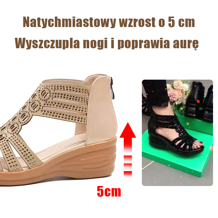 Damskie sandały rzymskie na skośnym obcasie, wysadzane diamentami