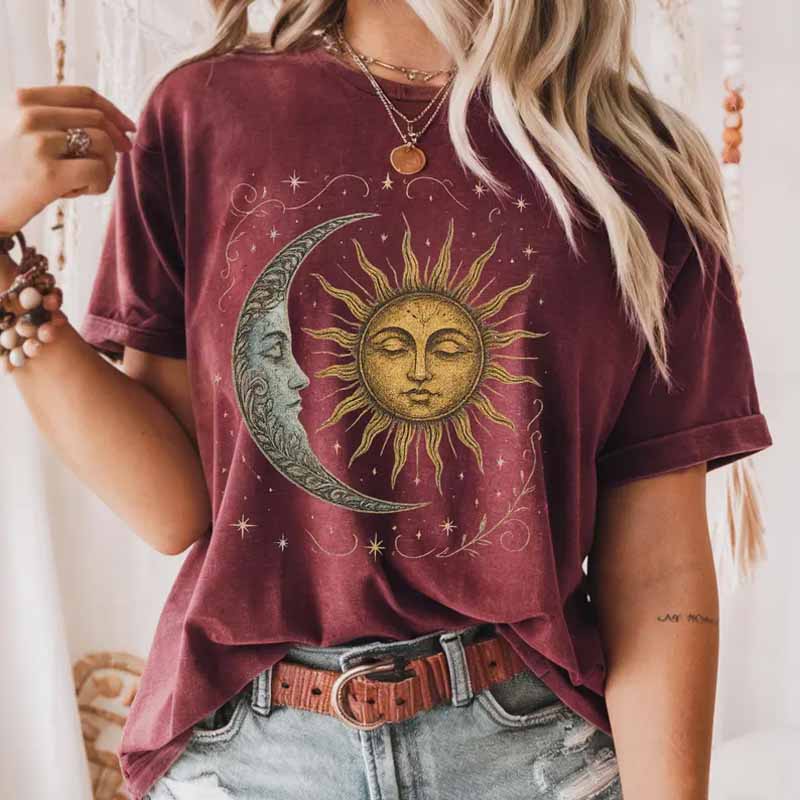 Boho Celestial Moon and Radiant Sun Spiritual Pattern Shirt