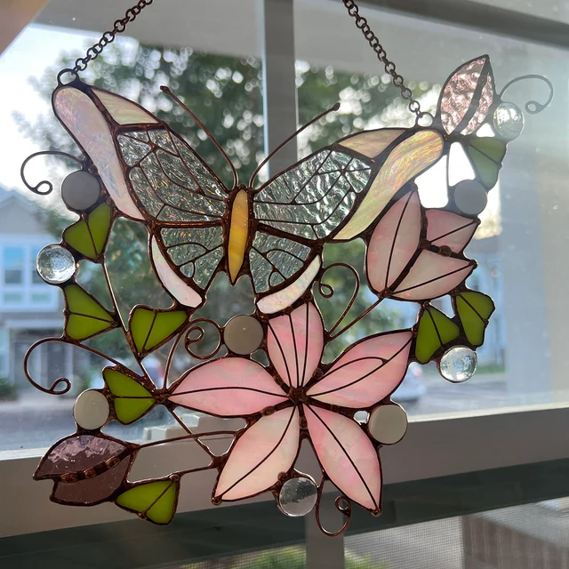🦋🌸Pink Suncatcher Monarch Butterfly Flowers Stained Glass Picture 🎅Christmas PRE SALE -50% OFF🔥