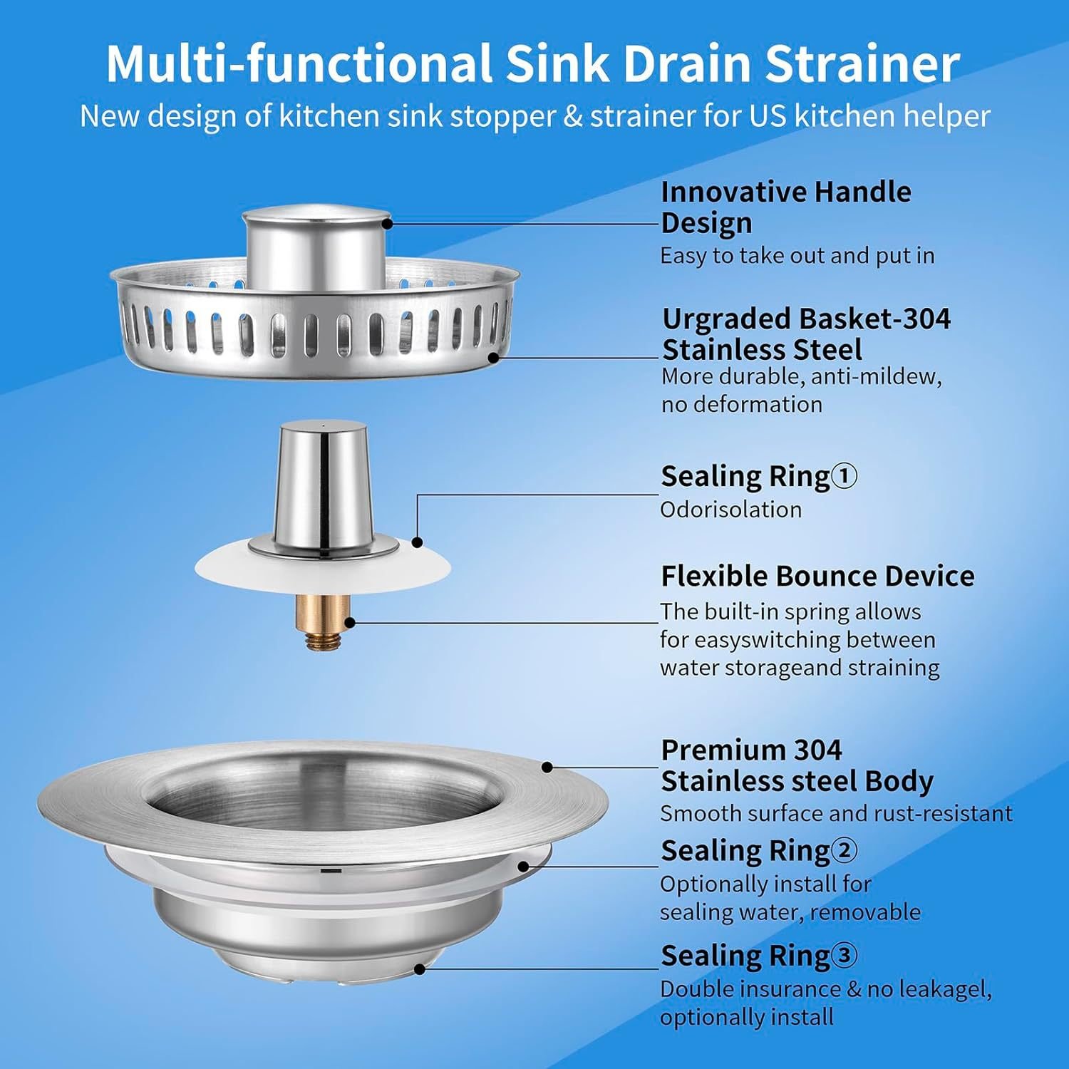 🔥2025 New Upgraded🔥3-in-1 304 Stainless Steel Sink Drain Strainer
