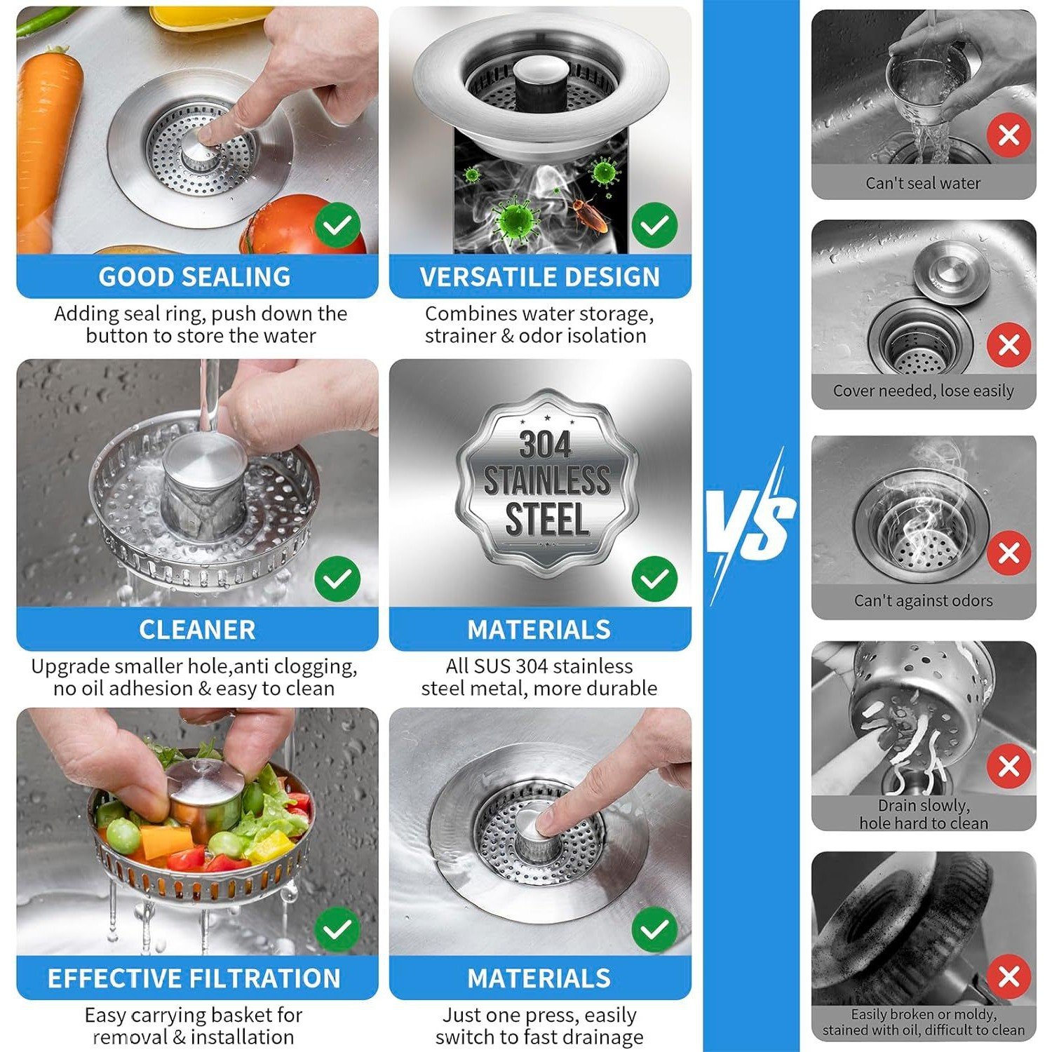 🔥2025 New Upgraded🔥3-in-1 304 Stainless Steel Sink Drain Strainer