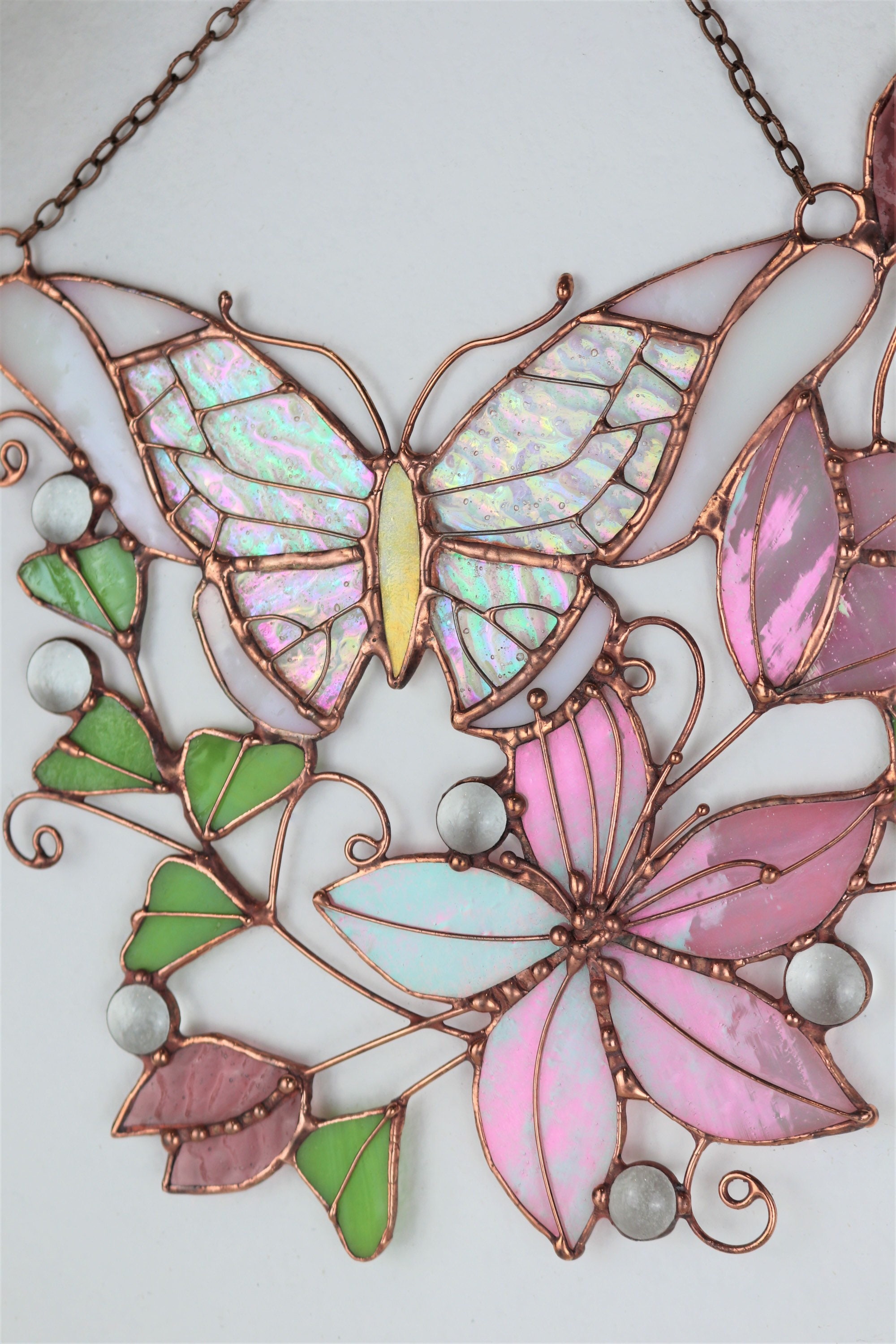 Pink Suncatcher Monarch Butterfly Flowers Stained Glass Picture 