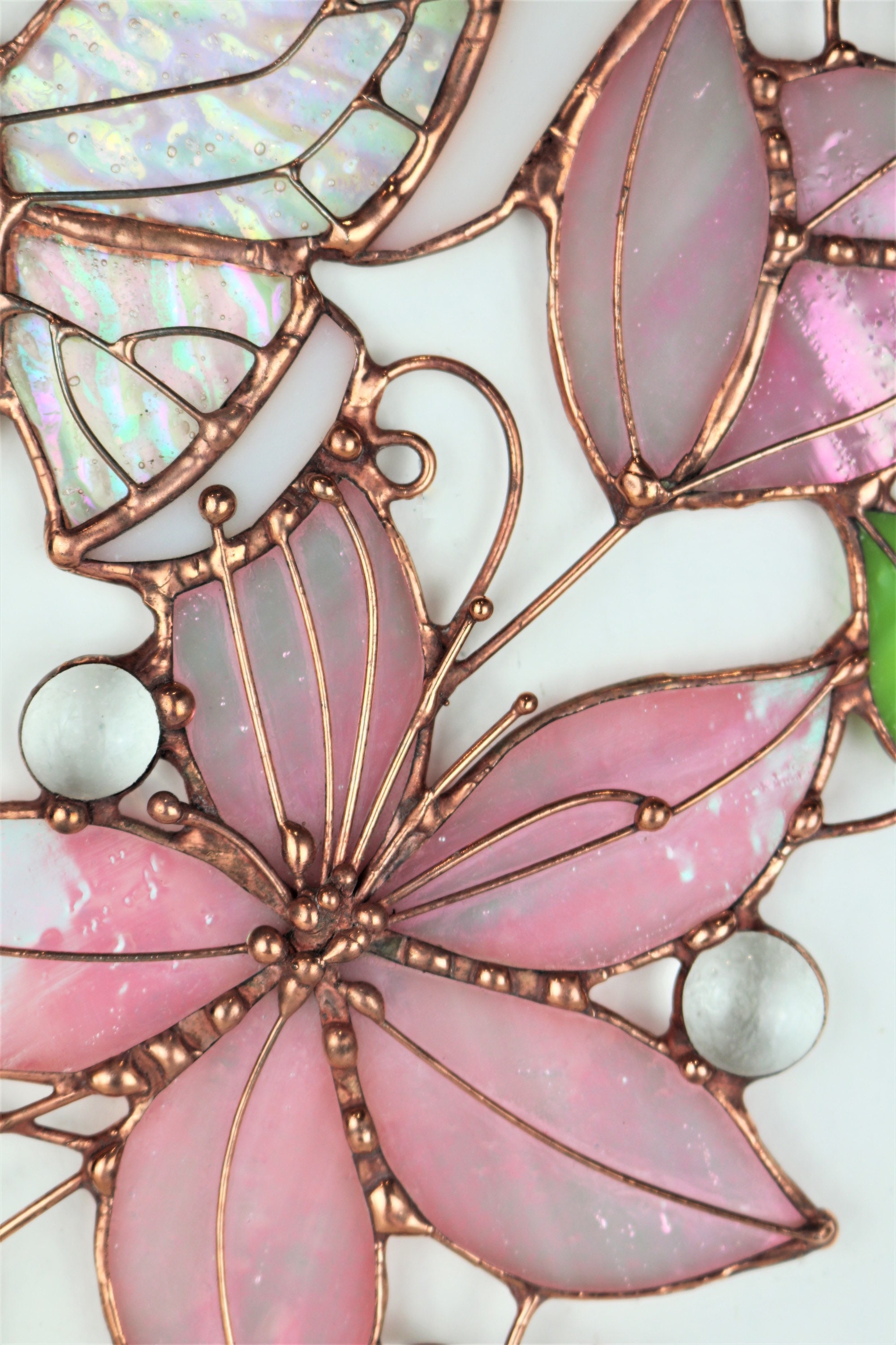 Pink Suncatcher Monarch Butterfly Flowers Stained Glass Picture 